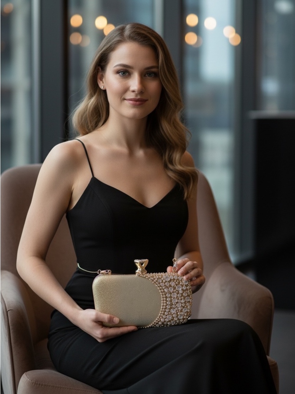 Gold Crystal Embellished Evening Clutch - Picture 3 of 11